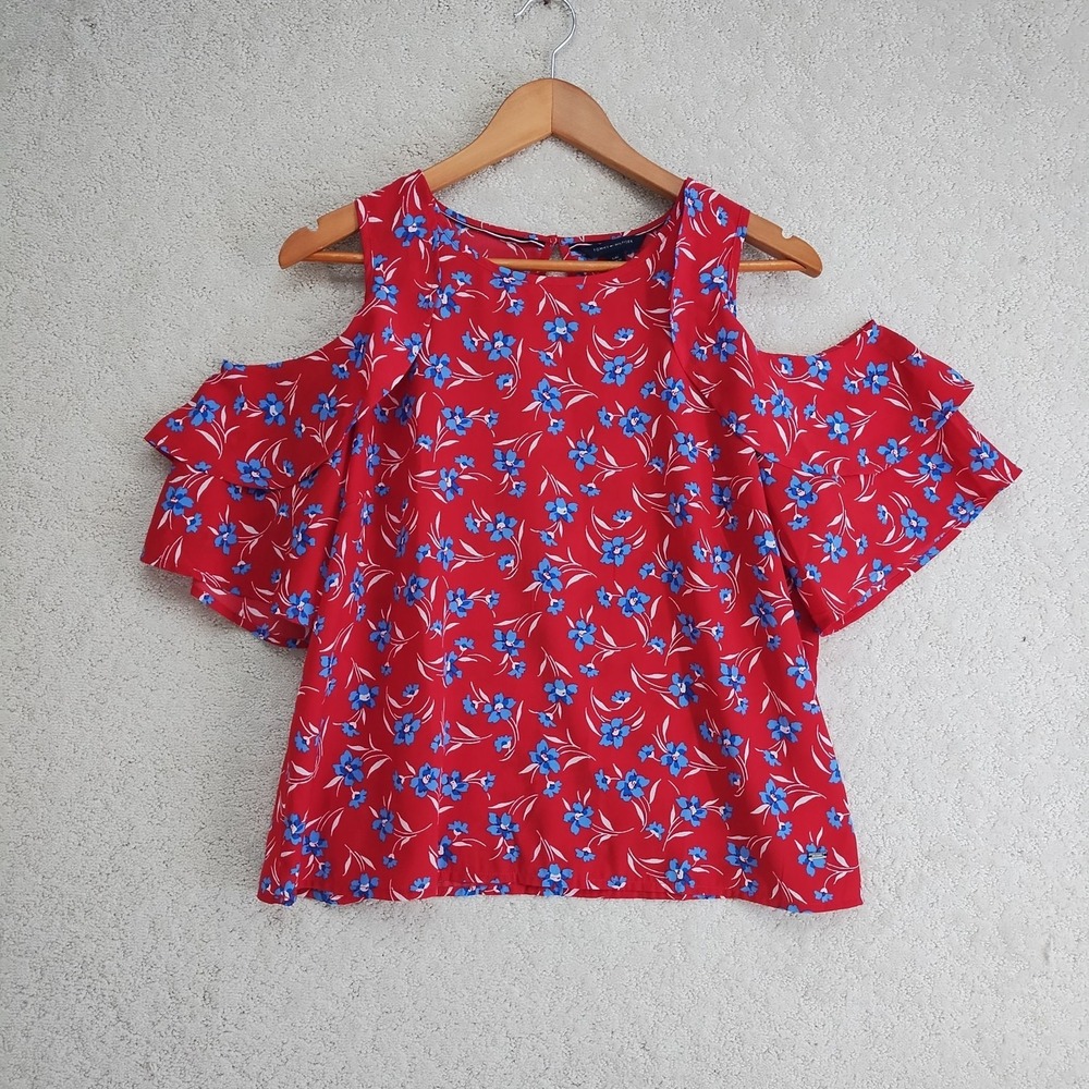 Tommy Hilfiger Blouse Womens L Cold Shoulder Floral Red Blue Ruffle Sleeve Top